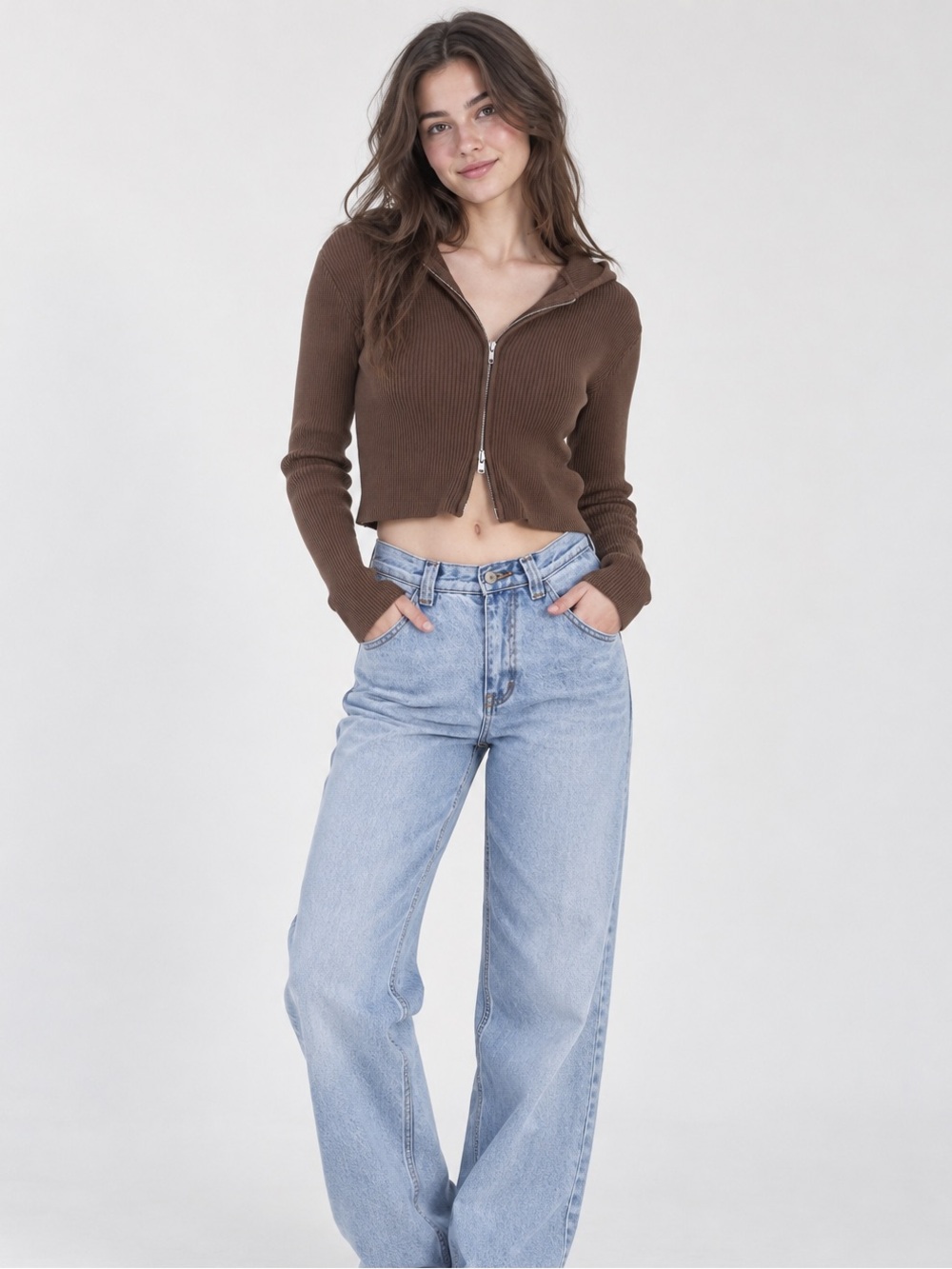 Brandy Melville Brown Arden Cropped Double Zip-Up Ribbed Hoodie Rare